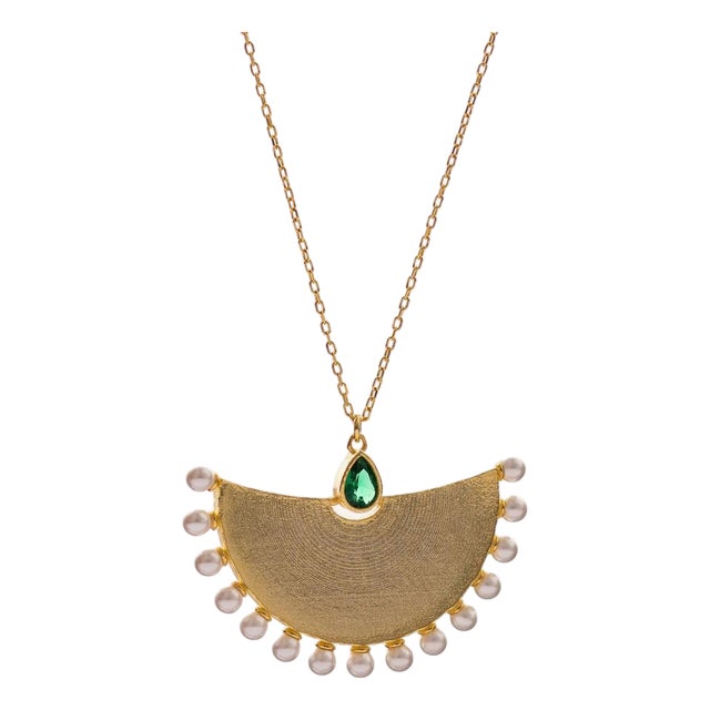 Cleopatra Moonlight Emerald & Pearl Gold Necklace For Sale