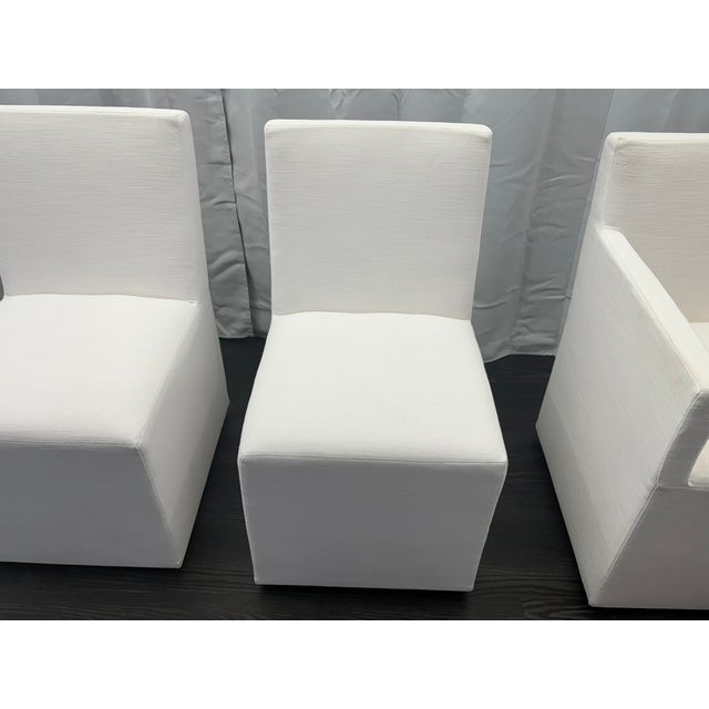 Curated Set of Four Rh Ellison Fabric Dining Chairs Perennials® Performance Textured Linen Weave — White Recessed Caster Bases For Sale - Image 11 of 18