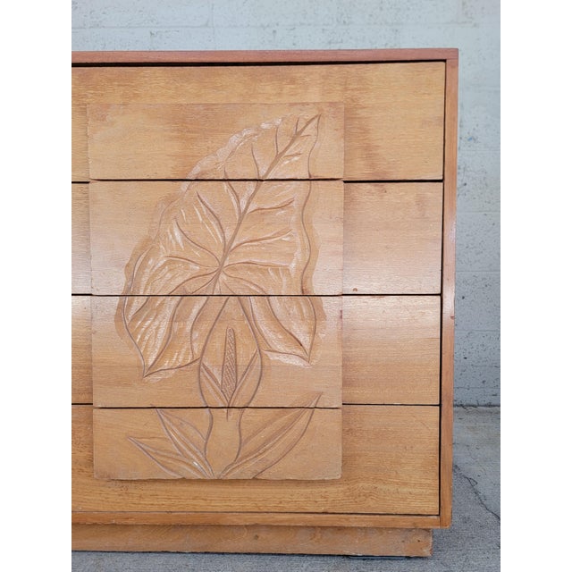 Mid-Century Modern Hawaiian Style Dresser With Relief Carved Tropical Foliage 1950's For Sale - Image 11 of 18