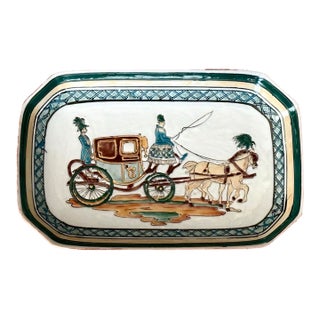 Hand Painted Embossed Horse and Carriage Porcelain Tray For Sale