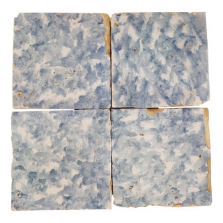 18th Century Antique Portuguese Set of Four Blue & White Spongeware Baroque Tiles For Sale