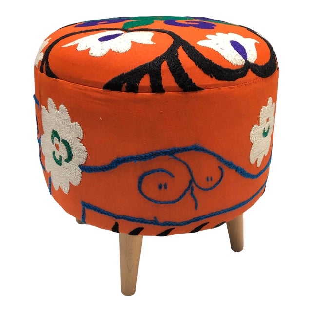 1960s Vintage Turkish Handwoven Suzani Ottoman For Sale