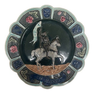 Antique French Barbotine Majolica Jeanne d'Arc Charger, "Honneur Et Patrie," C. 1890–1920s For Sale