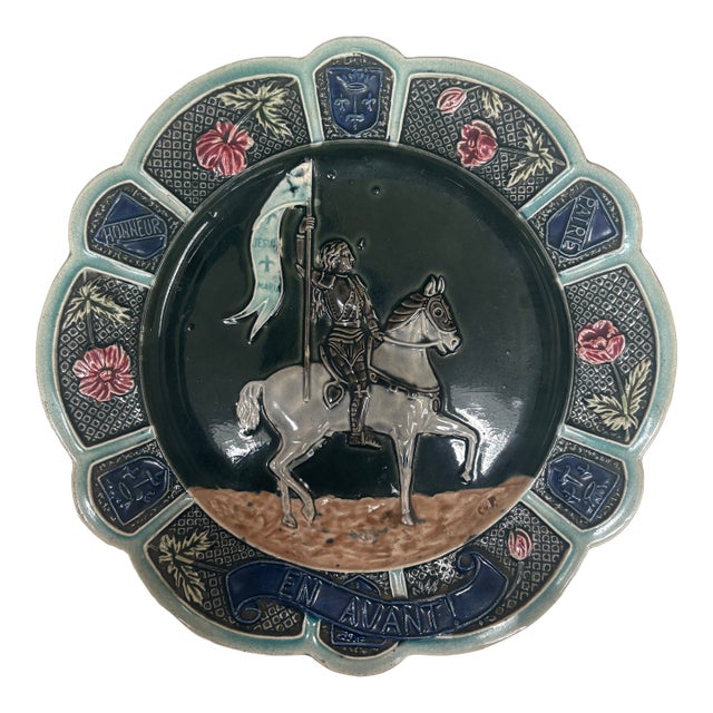 Antique French Barbotine Majolica Jeanne d'Arc Charger, "Honneur Et Patrie," C. 1890–1920s For Sale