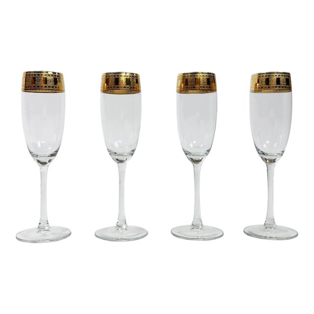 Vintage Champagne Glasses With 22k Gold Greek Key Rims, Set of 4 For Sale