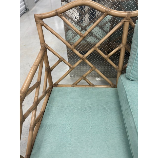 Wood David Francis Attributed Chippendale Rattan Sofa Set. Couch, Chair and Ottoman, Used, Like New, for Fraction of Price. For Sale - Image 7 of 12