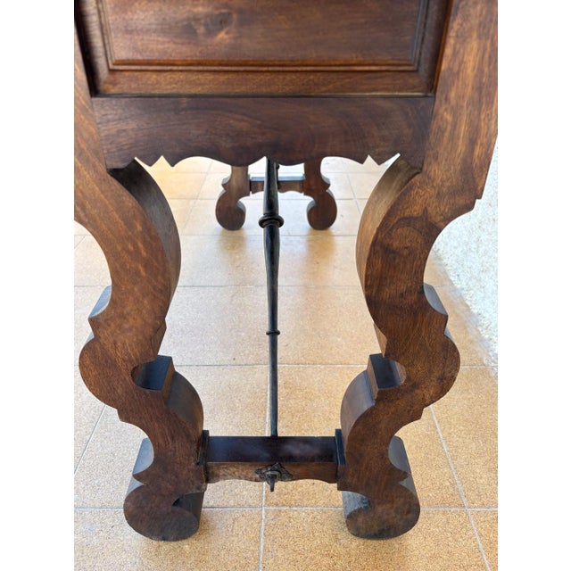 Spanish Console Table with Two Carved Drawers and Iron Stretcher, 1890s For Sale - Image 10 of 15