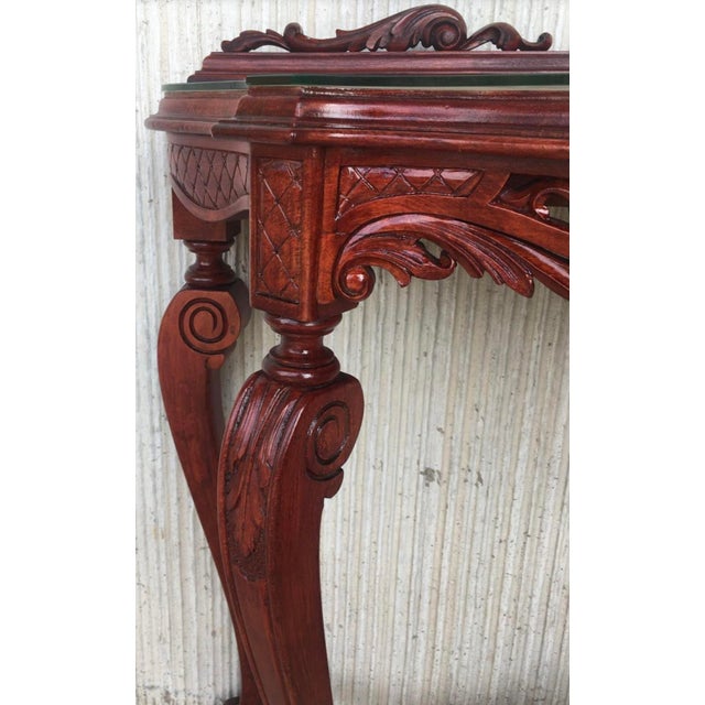 Vintage Rococo Style Italian Console Table in Mahogany with Glass Top, 1960s For Sale - Image 11 of 15