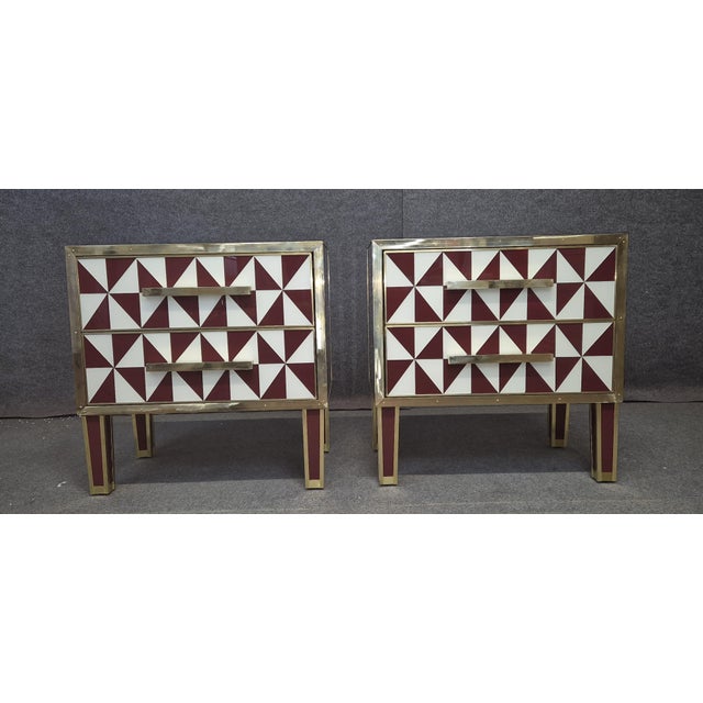Not Yet Made - Made To Order Red Optical Murano Glass Bedside Tables with Brass Trim from Justfurnituress SRL, Set of 2 For Sale - Image 5 of 10