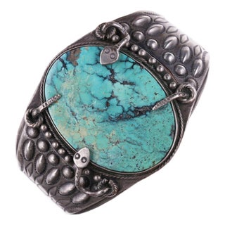 C1940's Masterpiece Navajo Silver Repousse Heavy Stamped Snake Bracelet With Bea For Sale