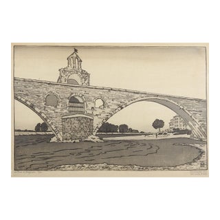1925 Philip Needell Le Pont d'Avignon Woodcut Print For Sale