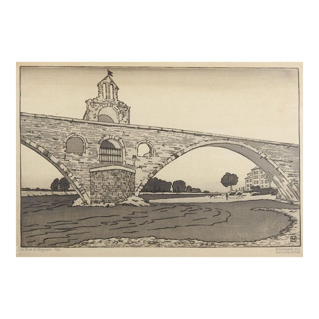 1925 Philip Needell Le Pont d'Avignon Woodcut Print For Sale