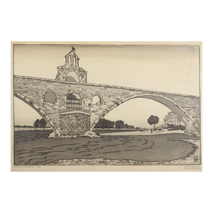 1925 Philip Needell Le Pont d'Avignon Woodcut Print