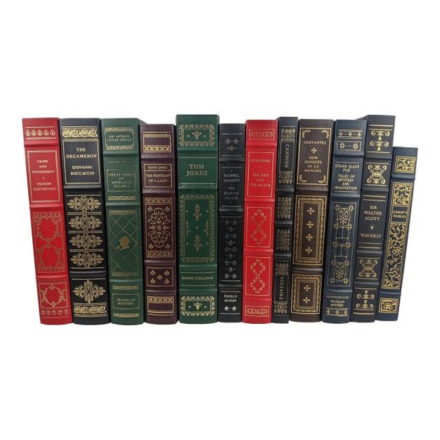 12-Book Franklin Library & Franklin Mystery Decorative Collection – Red, Green, Blue & Gold For Sale