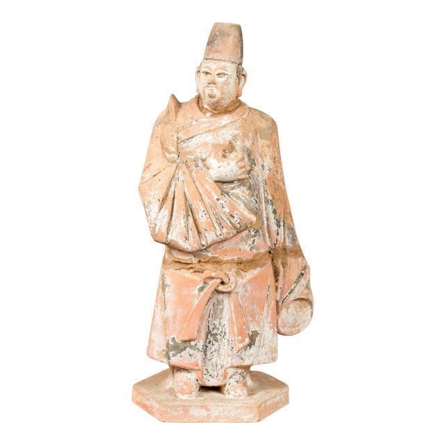 Tang Dynasty Chinese Court Official Terracotta Sculpture with Original Paint For Sale