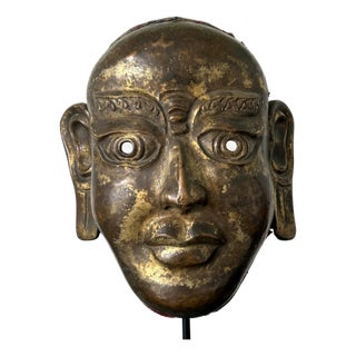Tibetan Gilt Copper Alloy Mask on Display Stand For Sale