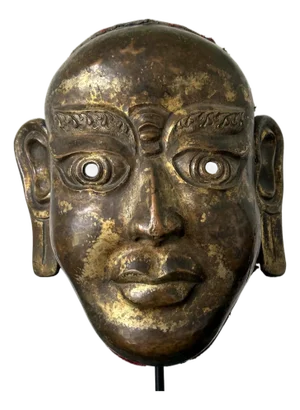 Tibetan Gilt Copper Alloy Mask on Display Stand