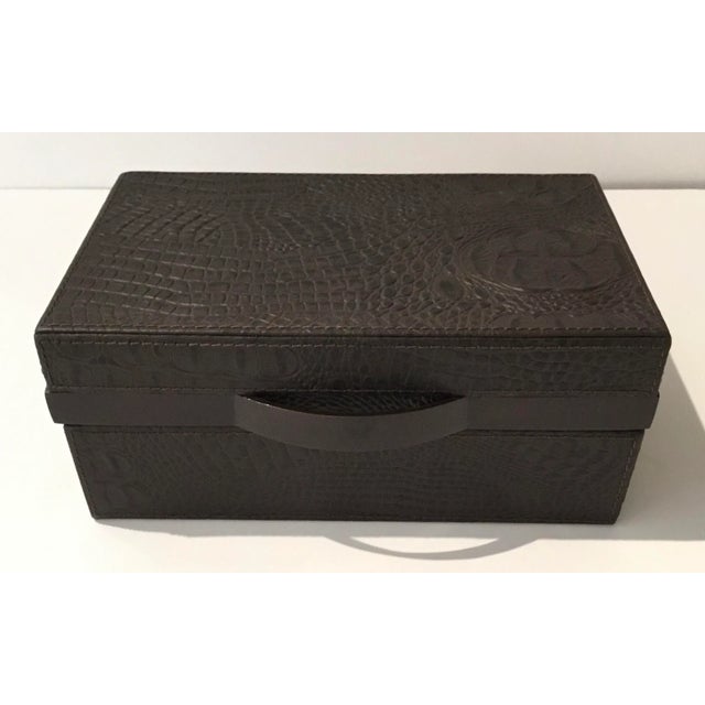 Stylish Global Views Modern Medium Brown Croc Box, leather exterior, velvet lined inside, showroom floor sample