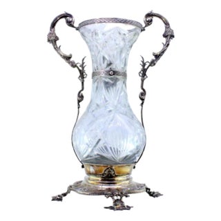 Silver and Cut Glass Vase with Raised Floral Motifs and Cut-Out Base For Sale