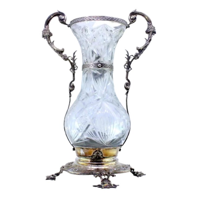 Silver and Cut Glass Vase with Raised Floral Motifs and Cut-Out Base For Sale