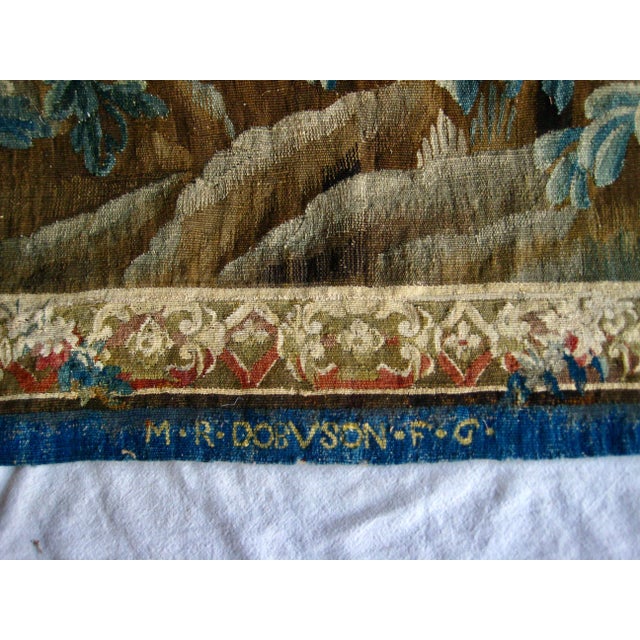 French Aubusson Signed Verdure Dog Hunting a Duck Red Flowers Borders Circa 1700 Hundreds For Sale - Image 17 of 18