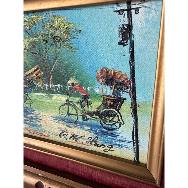 1970s Vintage Asian Rickshaw Street Scene Oil Painting on Plywood – Framed For Sale In Miami - Image 6 of 8