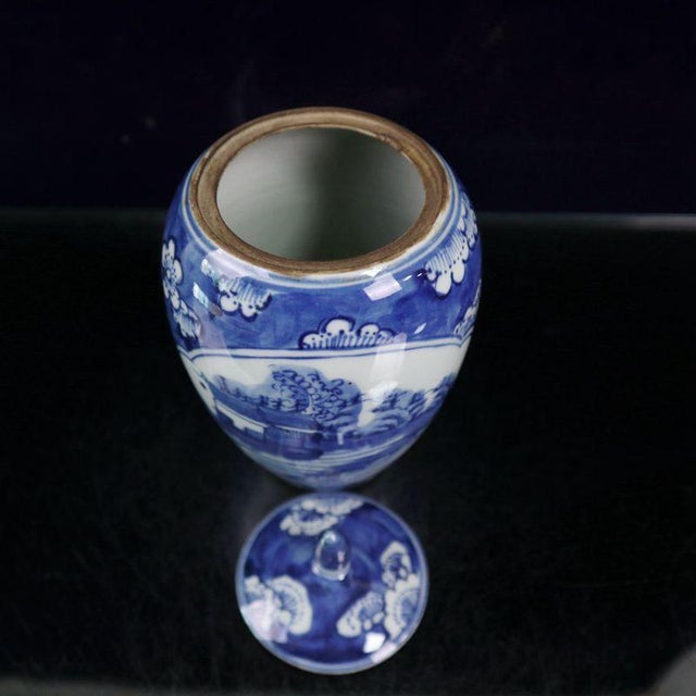 Ceramic Chinese Blue & White Porcelain Landscape Covered Jar - 6" Tall For Sale - Image 7 of 8