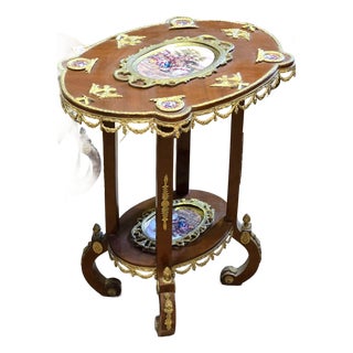 Rococo Revival Two-Tier Side Table With Floral Inlays & Hand-Gilded Gold Leaf Details For Sale
