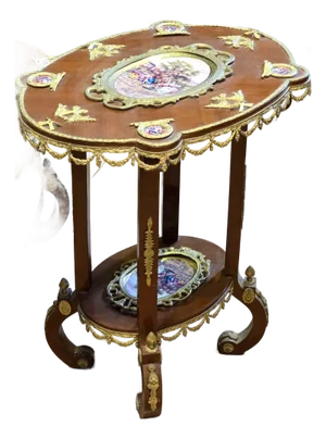 Rococo Revival Two-Tier Side Table With Floral Inlays & Hand-Gilded Gold Leaf Details