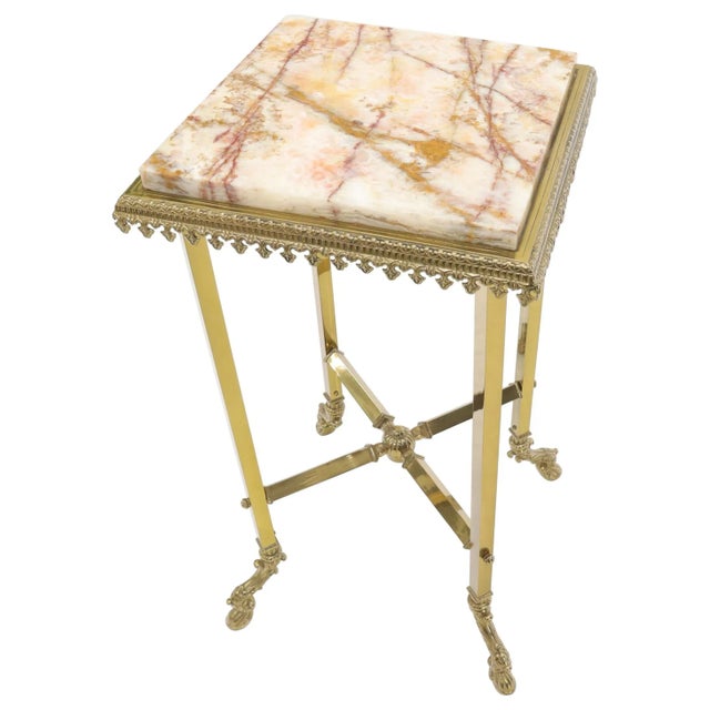 Square Solid Brass Onyx Marble Top Stand Pedestal Hoof Feet X-Stretcher Finial For Sale - Image 12 of 12