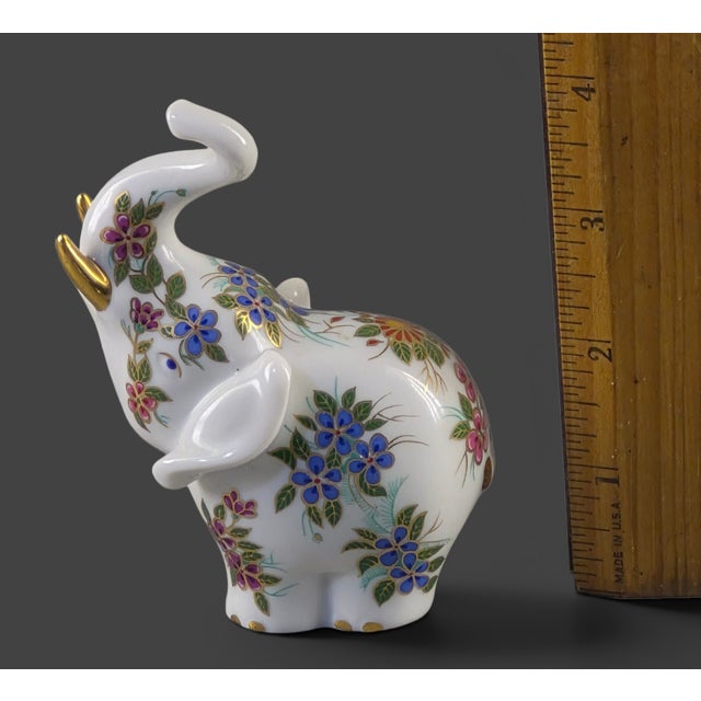 Vintage Lucky Elephant Figurine Hand Painted Floral Gilded Porcelain For Sale - Image 6 of 8