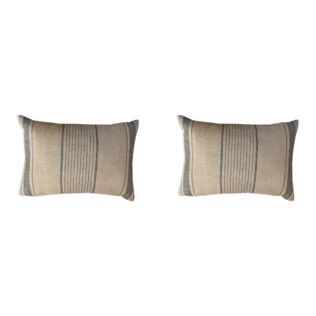Slate Blue Stripe Linen Pillow - Set of 2 For Sale