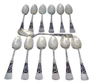 Silver Coffee Spoons and Sugar Shovel with Handle Reliefs, Set of 12