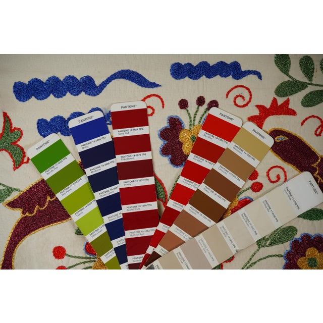 Unique Vintage Bird Embroidery | Red, Green & Blue Decorative Tapestry 1'4'' X 3'1'' For Sale - Image 9 of 9