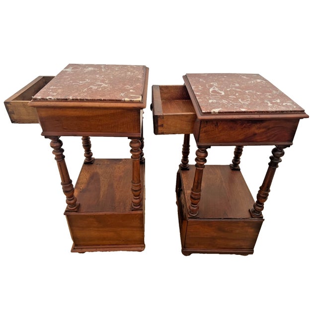 Antique French Renaissance Revival Nightstands Marble Top Commode Bed Cabinets For Sale - Image 4 of 12