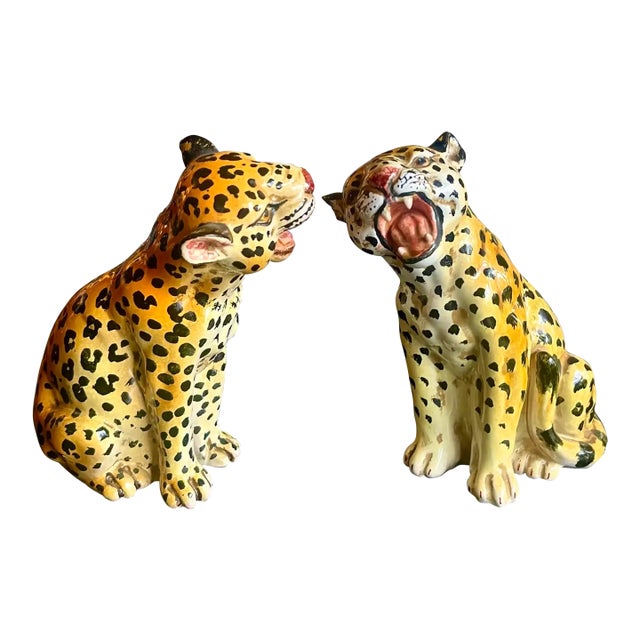 Hollywood Regency Italian Terracotta Leopards, a Pair For Sale