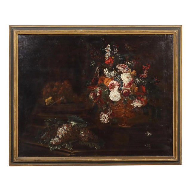 Lombard School, Still Life with Grapes, Flowers and Mushrooms, Late 1600s, Oil on Canvas, Framed For Sale