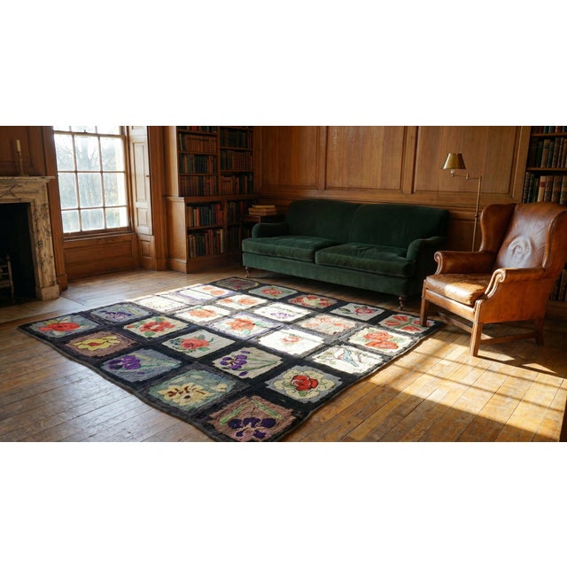 1930s Black Roses Birds Folk Art Antique American Hooked Rug 7' 10'' X 7' 10'' Woven Wool Carpet For Sale - Image 10 of 12