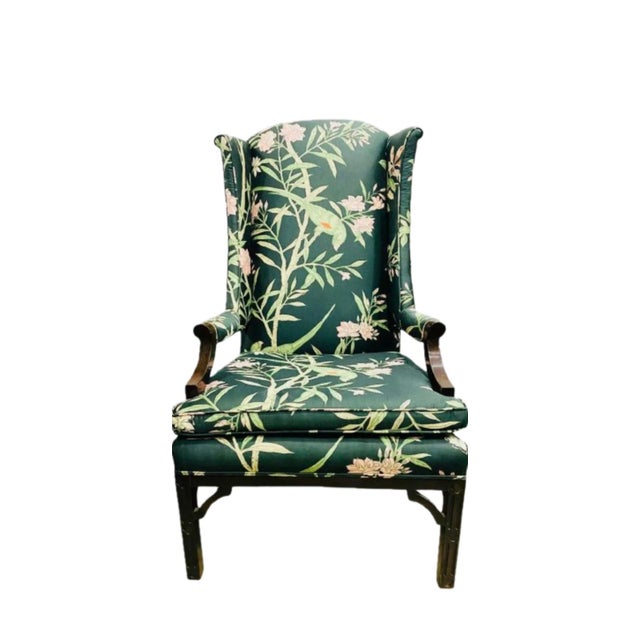 Chinoiserie Vintage Chinoiserie Wingback Chair With New Tropical Upholstery. For Sale - Image 3 of 11