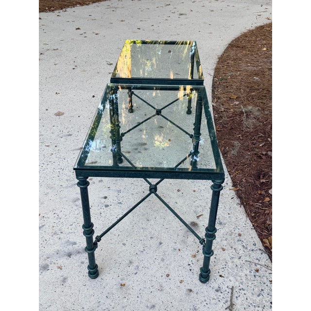 Pair of Giacometti Style Wrought Iron Verdigris Finish Glass Top Side Table For Sale - Image 12 of 12