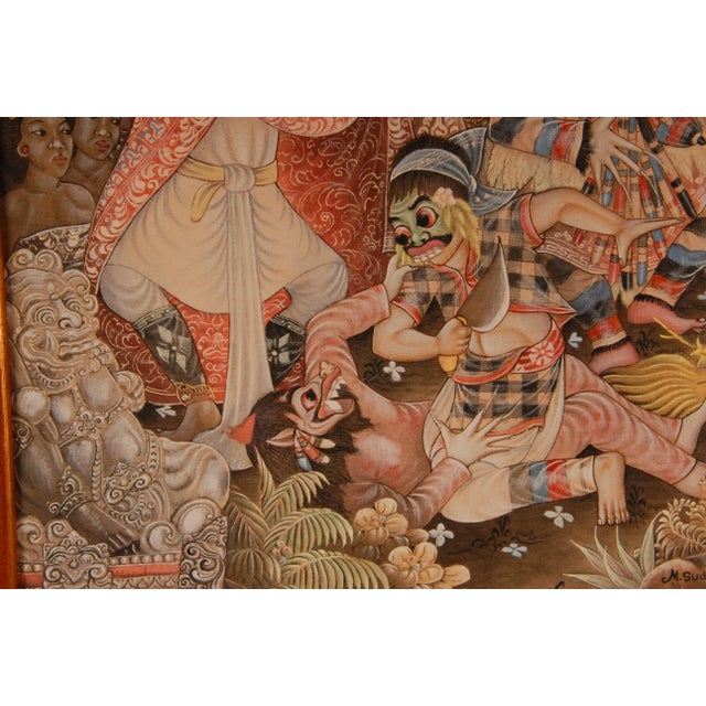 Mid Century Asian Oil Painting Javanese Indonesian Carnival on Bali (Ubud) Hand Painted on Linen Framed Tariff Free Delivery For Sale - Image 11 of 13