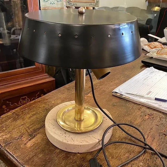 1960s Italian Mid-Century Modern Travertino and Brass Table Lamp For Sale - Image 12 of 13