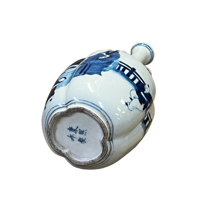 Chinese Blue White Porcelain 3 Mouths Ladies Kids Theme Vase Display For Sale - Image 4 of 7