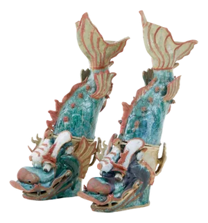 Antique Japanese Ceramic Shachikoko Roof Ornaments, 1880, Set of 2
