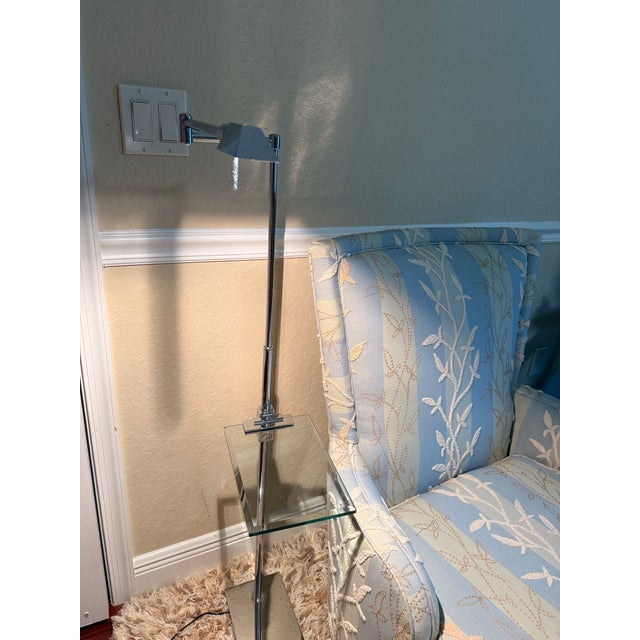 1970s Italian Postmodern Chrome & Glass Floor Swing Arm Adjustable Lamp With Pharmacy Shade and Relco Milano Dimmer For Sale - Image 12 of 12