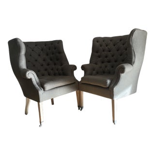 Restoration Hardware High-Back Tufted Grey Chairs - a Pair For Sale