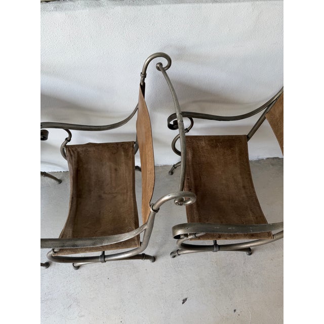 Late 20th Century Leather and Iron Scroll Dining Arm Chairs For Sale - Image 12 of 12