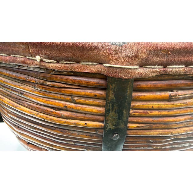 Vintage 17.5” Handmade Primitive Pencil Rattan Basket With Leather Rim For Sale In Naples, FL - Image 6 of 12