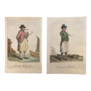 Pair French 18th Century Hand Colored Engravings of Pipe Smokers