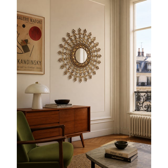 Large Mid-Century Peruvian Giltwood Sunburst Mirror With Intricate Carved Detail For Sale - Image 18 of 18